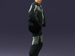 000419 Realistic Man Character in Motorcycle Suit Helmet Pose Full Body Scan 3D Model