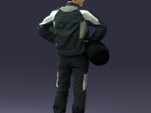 000419 Realistic Man Character in Motorcycle Suit Helmet Pose Full Body Scan 3D Model