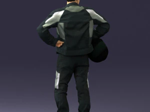 000419 Realistic Man Character in Motorcycle Suit Helmet Pose Full Body Scan 3D Model