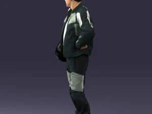 000419 Realistic Man Character in Motorcycle Suit Helmet Pose Full Body Scan 3D Model