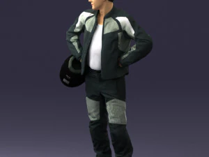 000419 Realistic Man Character in Motorcycle Suit Helmet Pose Full Body Scan 3D Model