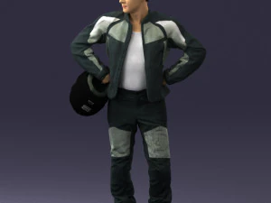 000419 Realistic Man Character in Motorcycle Suit Helmet Pose Full Body Scan 3D Model