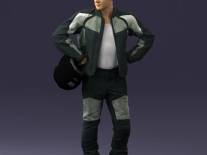 000419 Realistic Man Character in Motorcycle Suit Helmet Pose Full Body Scan 3D Model