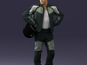 000419 Realistic Man Character in Motorcycle Suit Helmet Pose Full Body Scan 3D Model