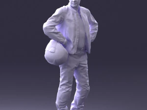 000419 Realistic Man Character in Motorcycle Suit Helmet Pose Full Body Scan 3D Model