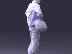 000419 Realistic Man Character in Motorcycle Suit Helmet Pose Full Body Scan 3D Model