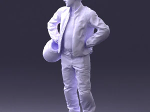 000419 Realistic Man Character in Motorcycle Suit Helmet Pose Full Body Scan 3D Model