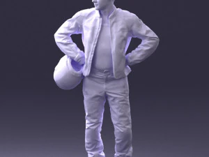 000419 Realistic Man Character in Motorcycle Suit Helmet Pose Full Body Scan 3D Model