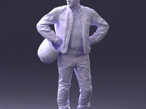 000419 Realistic Man Character in Motorcycle Suit Helmet Pose Full Body Scan 3D Model