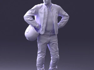 000419 Realistic Man Character in Motorcycle Suit Helmet Pose Full Body Scan 3D Model