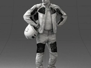 000419 Realistic Man Character in Motorcycle Suit Helmet Pose Full Body Scan 3D Model