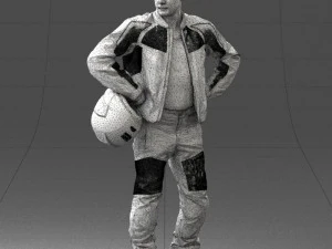 000419 Realistic Man Character in Motorcycle Suit Helmet Pose Full Body Scan 3D Model