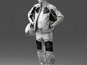 000419 Realistic Man Character in Motorcycle Suit Helmet Pose Full Body Scan 3D Model
