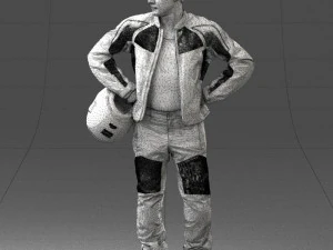 000419 Realistic Man Character in Motorcycle Suit Helmet Pose Full Body Scan 3D Model