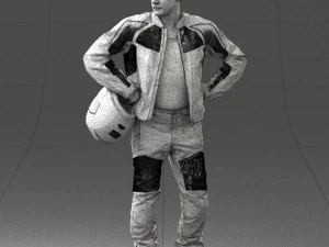 000419 Realistic Man Character in Motorcycle Suit Helmet Pose Full Body Scan 3D Model