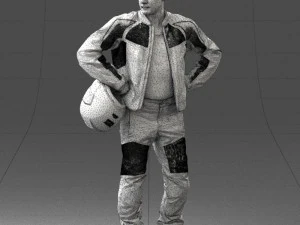 000419 Realistic Man Character in Motorcycle Suit Helmet Pose Full Body Scan 3D Model
