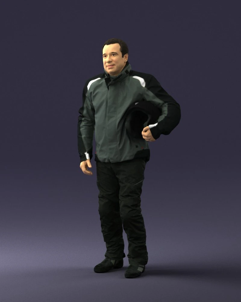 000423 Biker Male Character Holding Helmet 3D Scan 3D Model .c4d .max .obj .3ds .fbx .stl .blend
