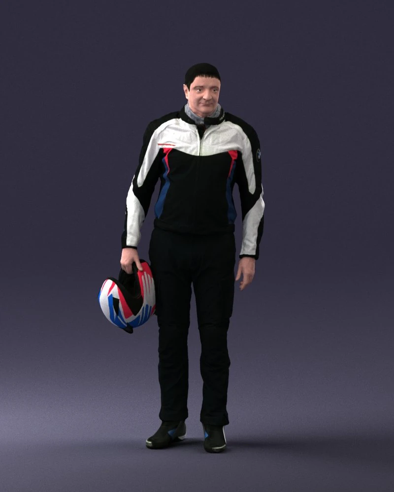 000425 Biker Male Character Holding Helmet Standing Pose 3D Scan 3D Model .c4d .max .obj .3ds .fbx .stl .blend 