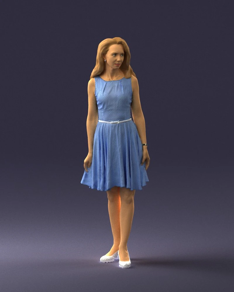 000434 Woman Character in Blue Dress Walking Pose 3D Scan 3dp 3D Print Model .c4d .max .obj .3ds .fbx .stl .blend 