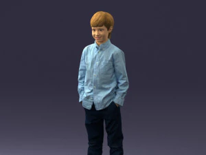 000438 Barefoot Realistic Young Boy in Casual Outfit Standing Pose 3D Model