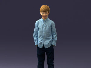 000438 Barefoot Realistic Young Boy in Casual Outfit Standing Pose 3D Model