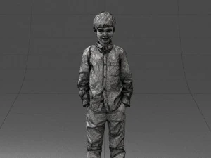 000438 Barefoot Realistic Young Boy in Casual Outfit Standing Pose 3D Model