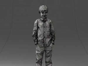 000438 Barefoot Realistic Young Boy in Casual Outfit Standing Pose 3D Model