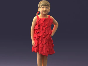 000463 Little Girl Standing in Red Dress 3D Model