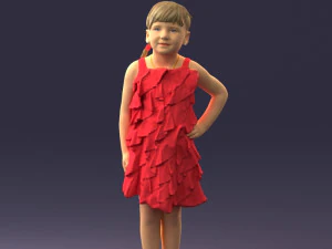 000463 Little Girl Standing in Red Dress 3D Model