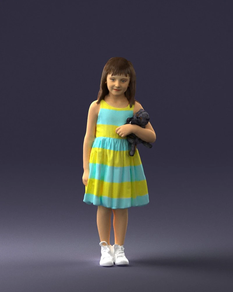 000464 Little Girl Holding Toy Cat 3D Model .c4d .max .obj .3ds .fbx .stl .blend
