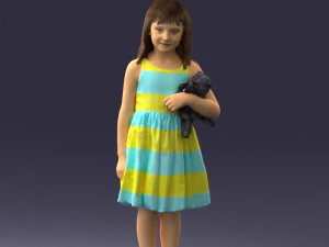 000464 Little Girl Holding Toy Cat 3D Model