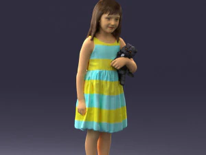 000464 Little Girl Holding Toy Cat 3D Model
