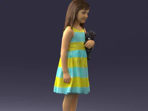 000464 Little Girl Holding Toy Cat 3D Model