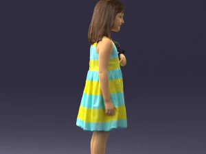 000464 Little Girl Holding Toy Cat 3D Model