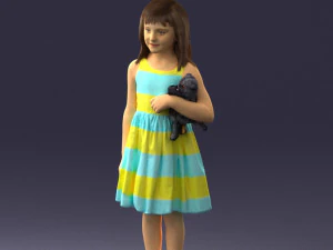 000464 Little Girl Holding Toy Cat 3D Model