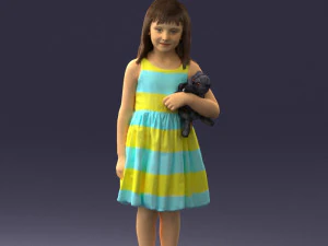 000464 Little Girl Holding Toy Cat 3D Model