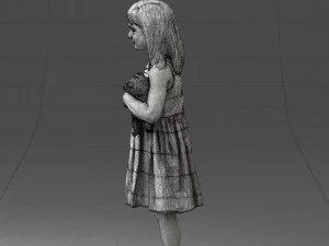 000464 Little Girl Holding Toy Cat 3D Model