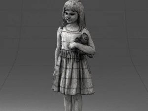 000464 Little Girl Holding Toy Cat 3D Model