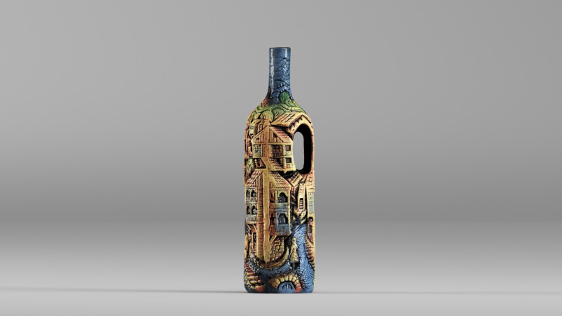 001642 Artistic Bottle with Carved Village Scene Modèle 3D .c4d .max .obj .3ds .fbx .stl .blend