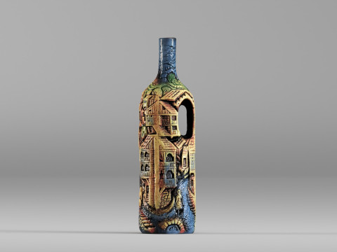 001642 Artistic Bottle with Carved Village Scene 3D Model