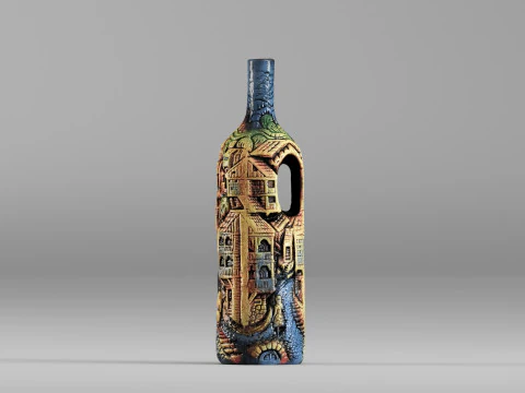 001642 Artistic Bottle with Carved Village Scene 3D Model