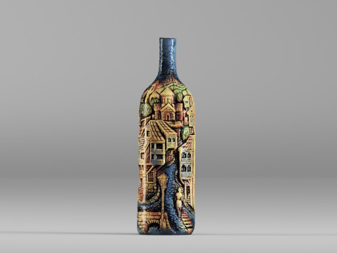 001642 Artistic Bottle with Carved Village Scene Modèle 3D