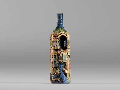 001642 Artistic Bottle with Carved Village Scene Modèle 3D
