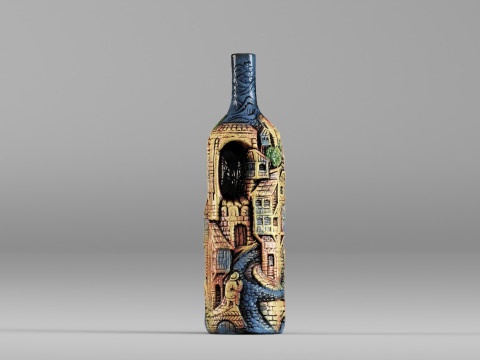 001642 Artistic Bottle with Carved Village Scene Modèle 3D