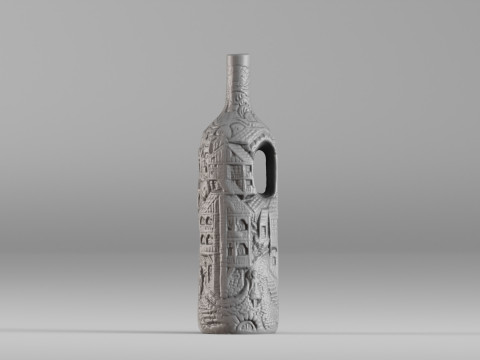 001642 Artistic Bottle with Carved Village Scene Modèle 3D