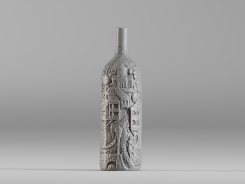 001642 Artistic Bottle with Carved Village Scene Modèle 3D