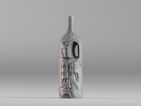 001642 Artistic Bottle with Carved Village Scene Modèle 3D