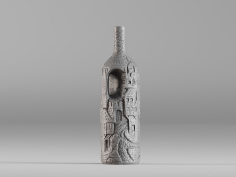 001642 Artistic Bottle with Carved Village Scene Modèle 3D