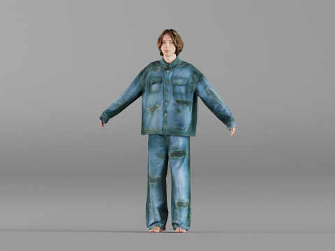 S00030 Young Man in Casual Denim Outfit T-Pose HP and LP Model 3D