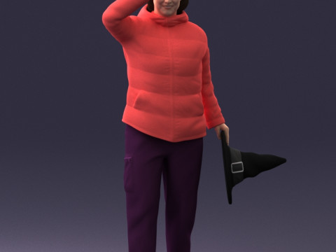 000240 Woman in Casual Jacket Holding a Witch Hat 0111 3dp Modèles 3D en vedette